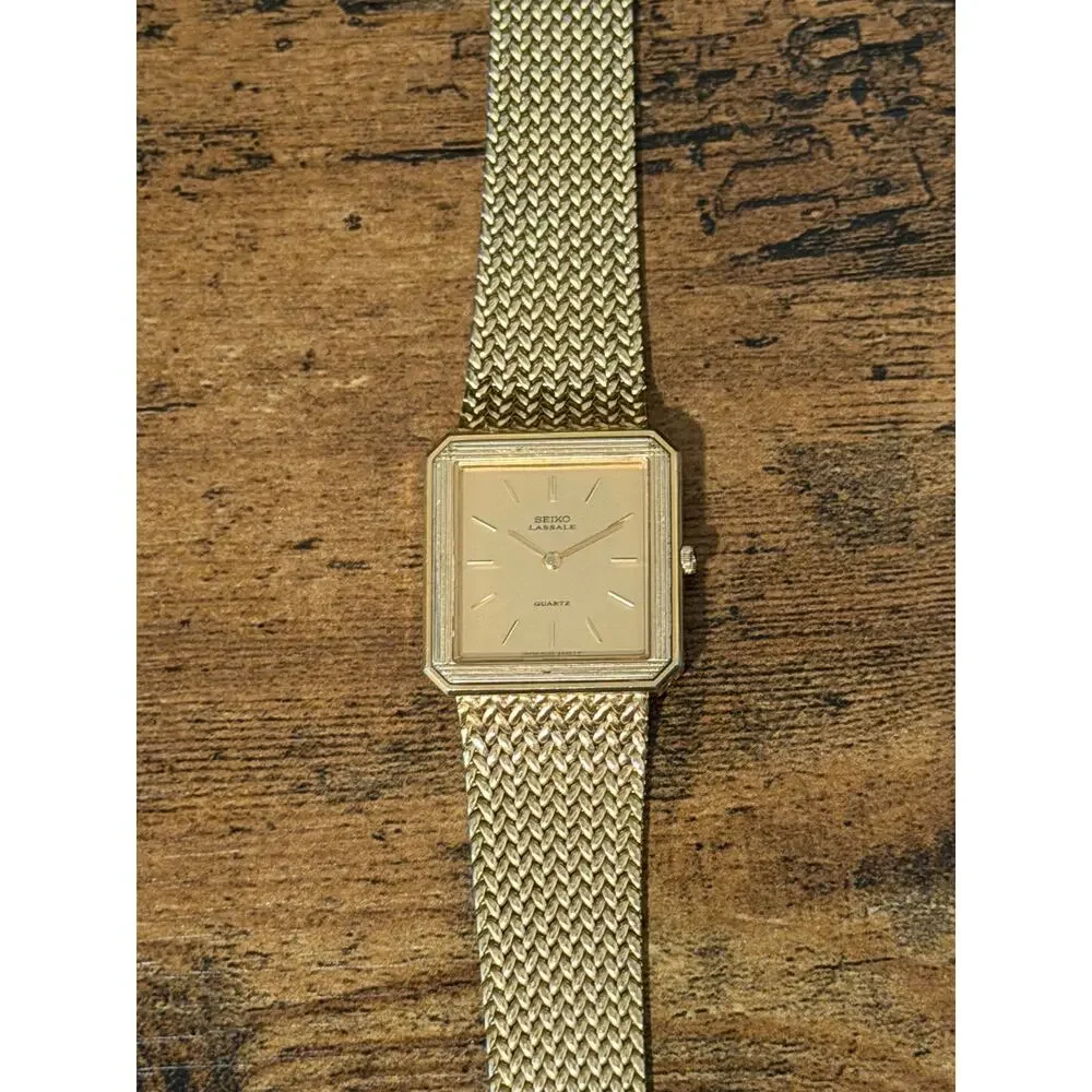 Seiko Lassale Quartz Gold Tone Rectangular Watch Mesh Bracelet